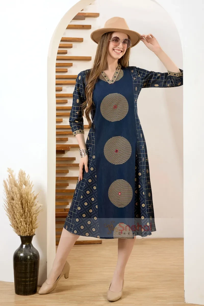 Designer Denim Long Kurti Exclusive Denim Blue V Neck A Line Indo Western Dress